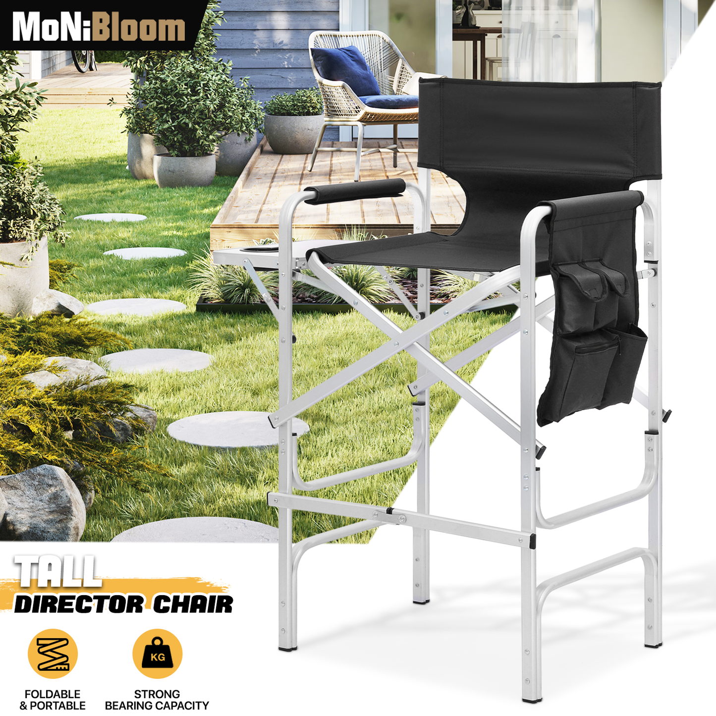Foldable Director Chair-31" Seat Height-Cup Holder Tray+Side Pocket