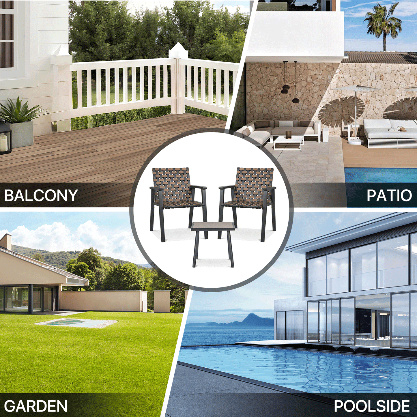 Patio Set - PE Rattan - 2 Chair, 1 Table - Black