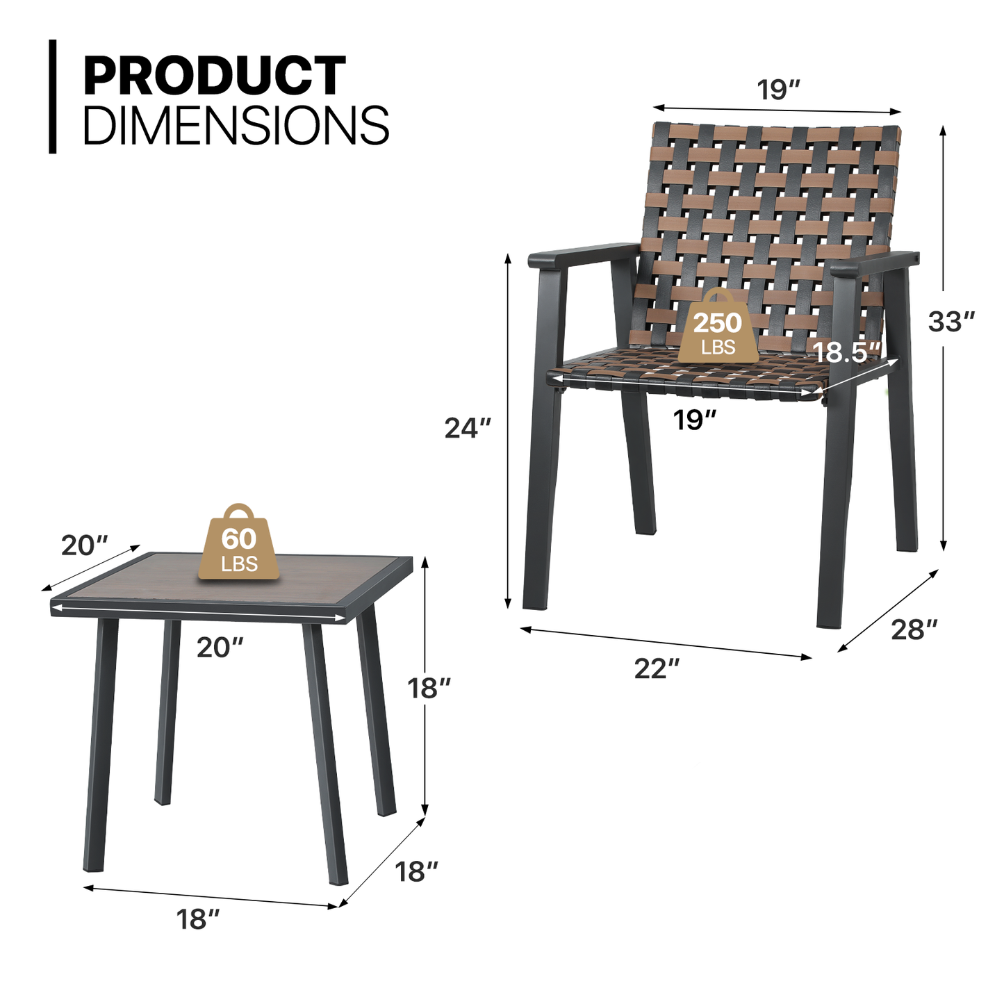 Patio Set - PE Rattan - 2 Chair, 1 Table - Black