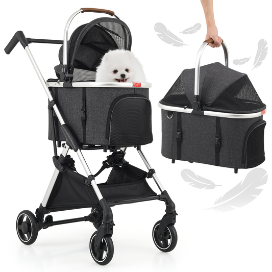 Pet Stroller 33 lbs Capacity - (L)17.5in. (W)30.0in. (H)40.5in. - Detachable Basket - Aluminum Frame - Multi-angle Handle - 4 Wheels