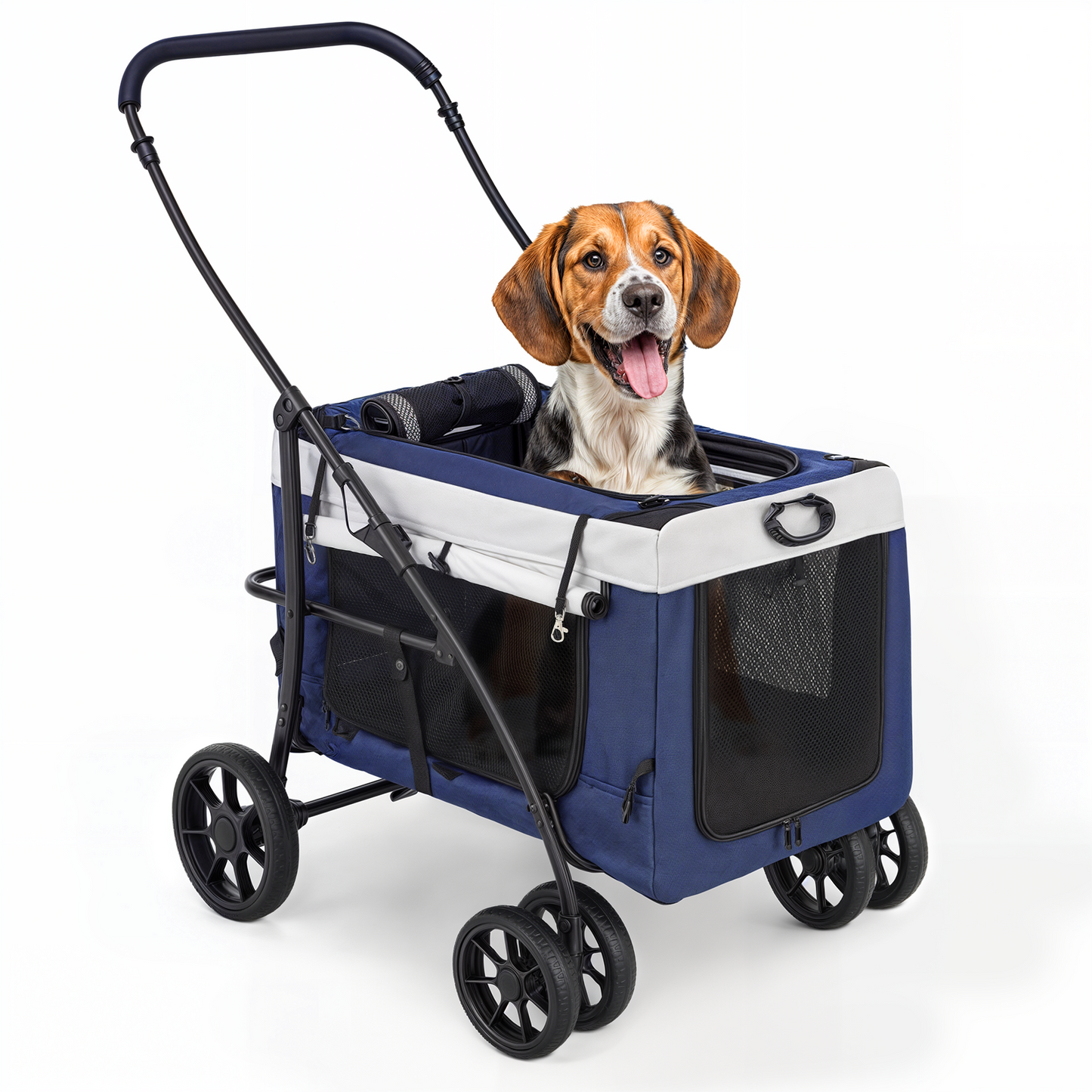 Pet Stroller 45 lbs Capacity - (L)23.0in. (W)27.0in. (H)39.0in. - Detachable Square Basket - 4 Wheels - Navy Blue