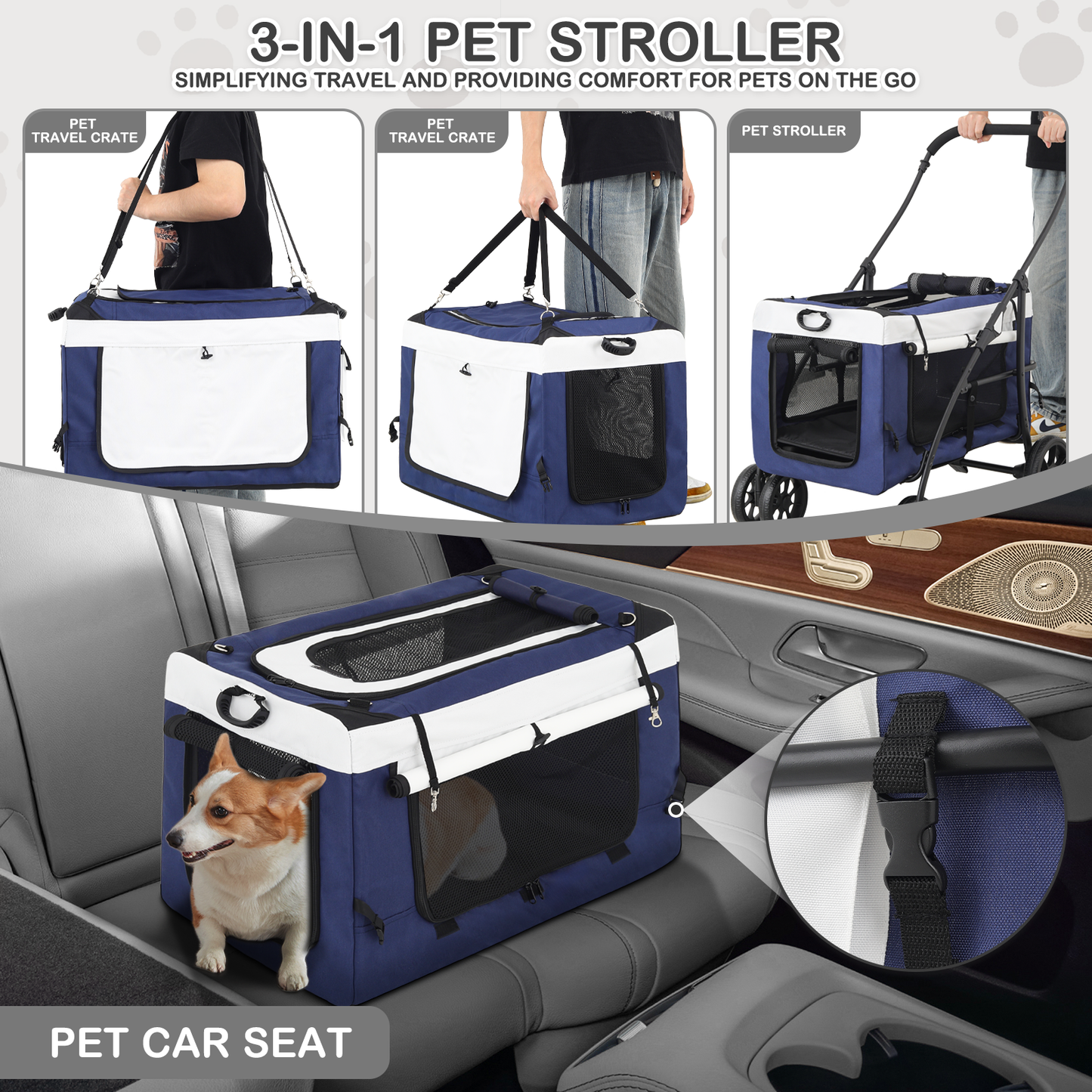 Pet Stroller 45 lbs Capacity - (L)23.0in. (W)27.0in. (H)39.0in. - Detachable Square Basket - 4 Wheels - Navy Blue