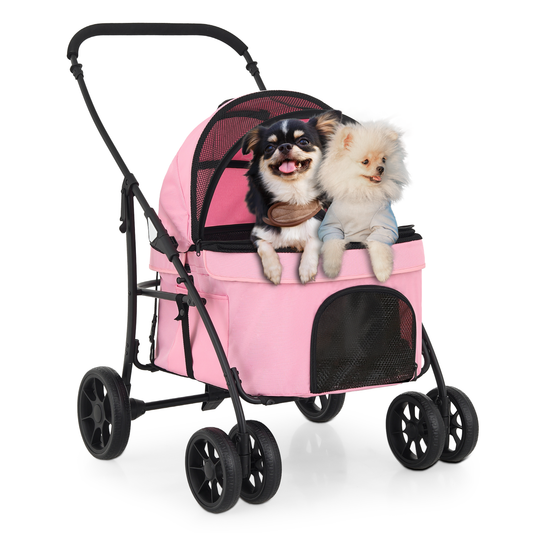 Pet Stroller 45 lbs Capacity - (L)23.0in. (W)26.0in. (H)39.0in. - Detachable Round Basket - 4 Wheels - Pink