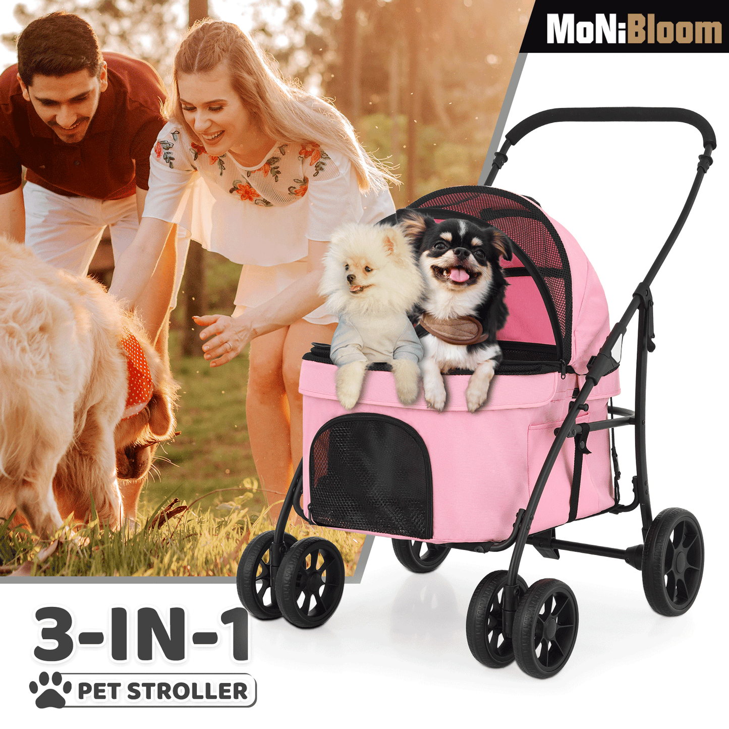 Pet Stroller 45 lbs Capacity - (L)23.0in. (W)26.0in. (H)39.0in. - Detachable Round Basket - 4 Wheels - Pink
