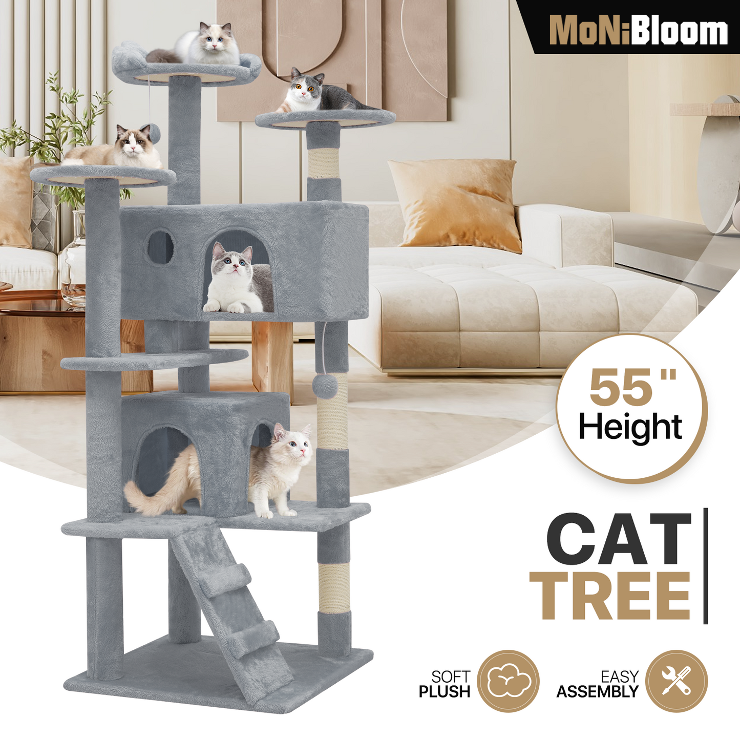 Cat Tree - 54.5'' Height - w/Anti-Tipping Rope, Fabric Scratching Post