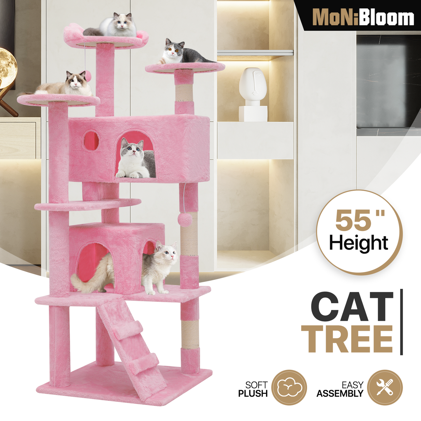 Cat Tree - 54.5'' Height - w/Anti-Tipping Rope, Fabric Scratching Post