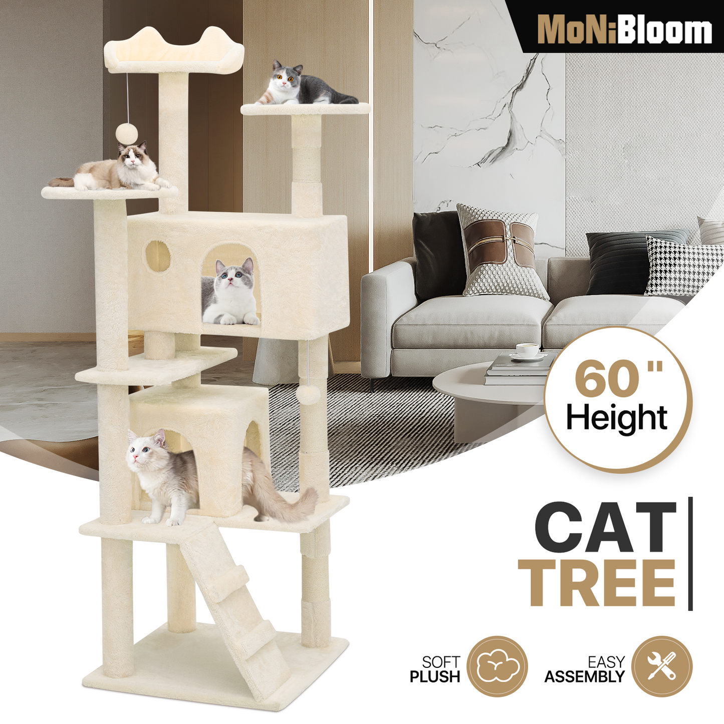 Cat Tree - 60'' Height - w/Anti-Tipping Rope, Fabric Scratching Post