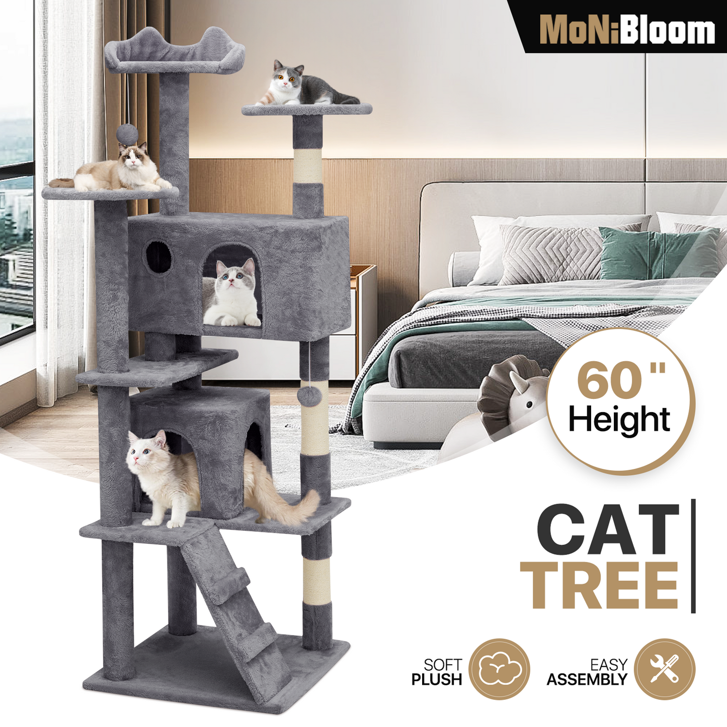 Cat Tree - 60'' Height - w/Anti-Tipping Rope, Fabric Scratching Post
