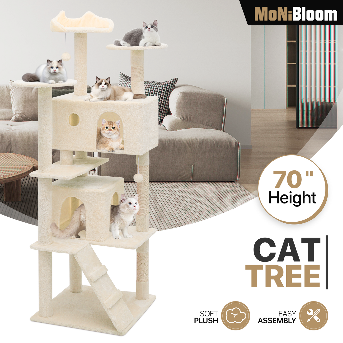 Cat Tree - 70'' Height - w/Anti-Tipping Rope, Fabric Scratching Post