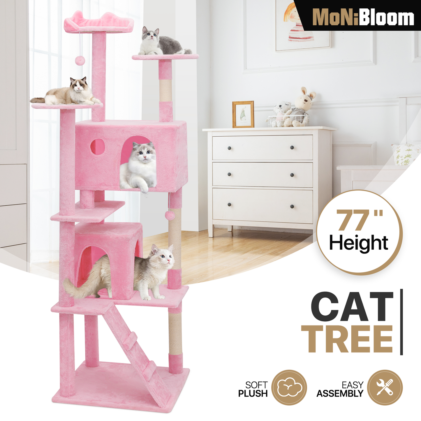 Cat Tree - 77'' Height - w/Anti-Tipping Rope, Fabric Scratching Post