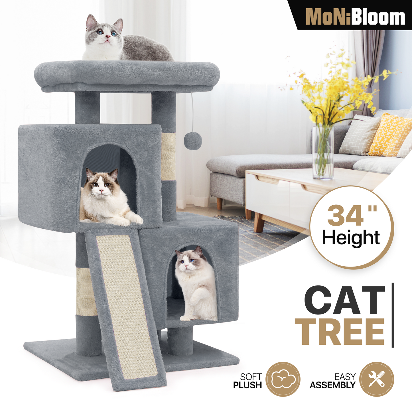 Cat Tree - 34'' Height - w/Ladder, Fabric Scratching Post