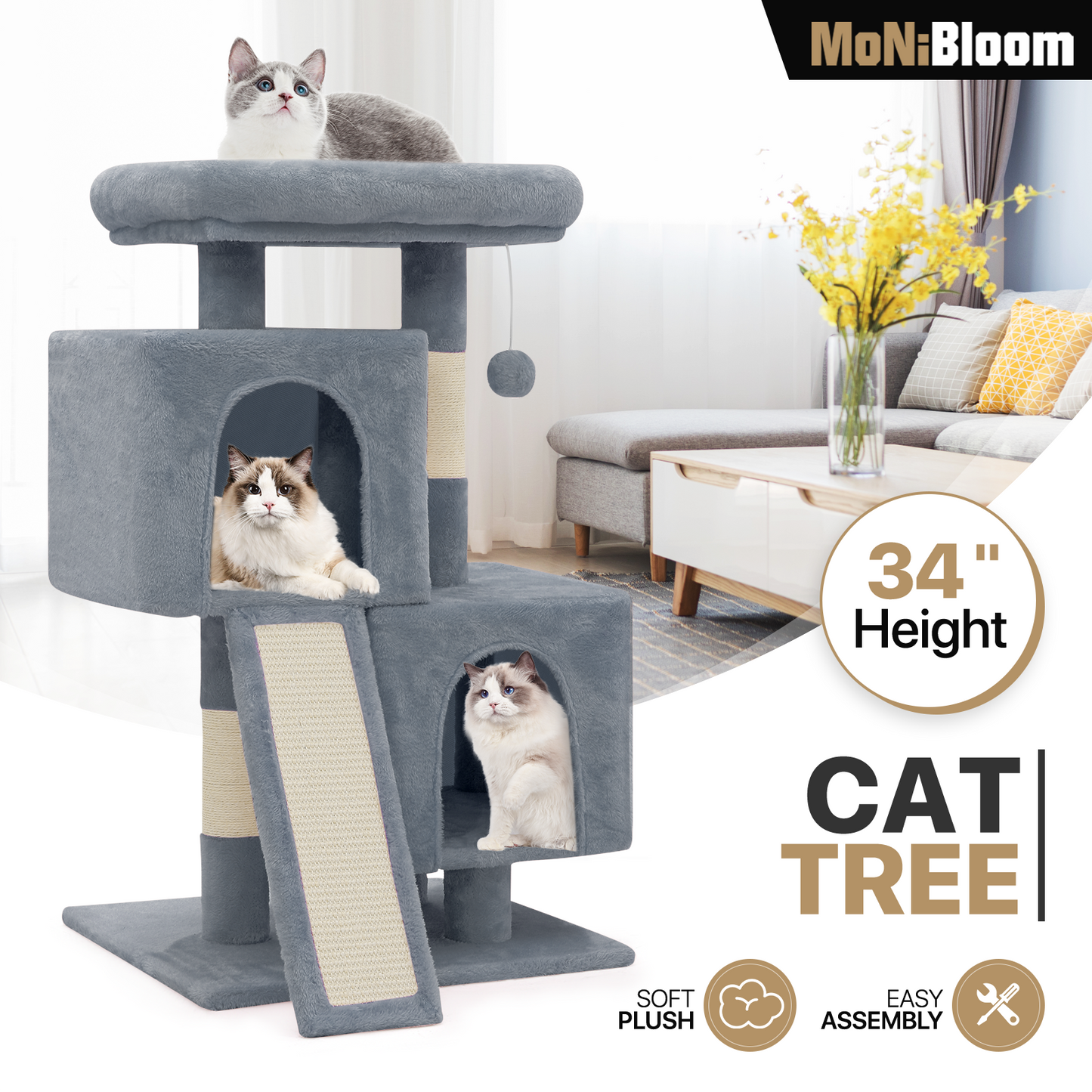 Cat Tree - 34'' Height - w/Ladder, Fabric Scratching Post