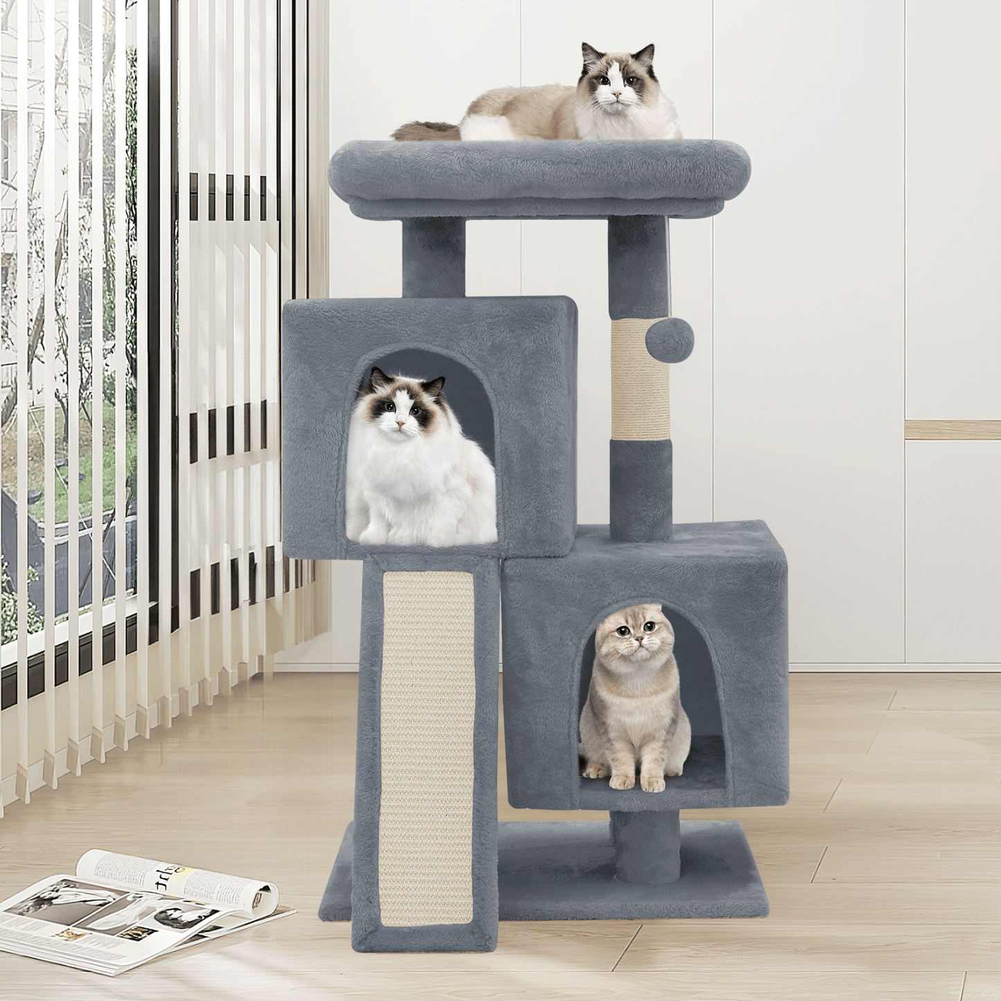 Cat Tree - 34'' Height - w/Ladder, Fabric Scratching Post