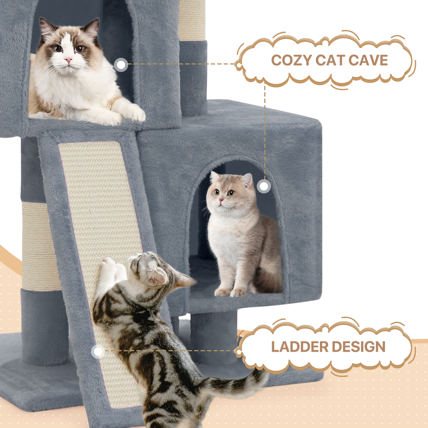 Cat Tree - 34'' Height - w/Ladder, Fabric Scratching Post