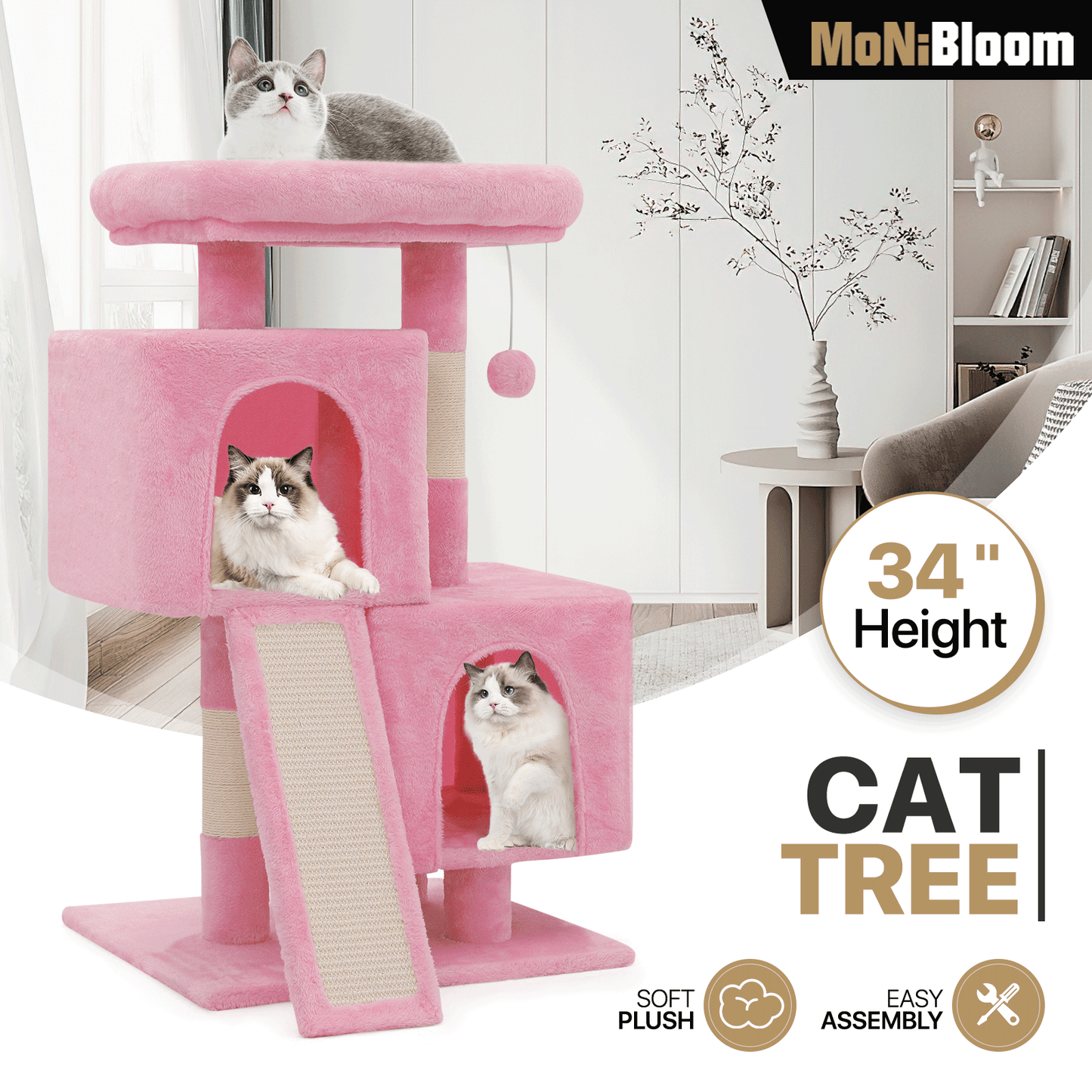 Cat Tree - 34'' Height - w/Ladder, Fabric Scratching Post