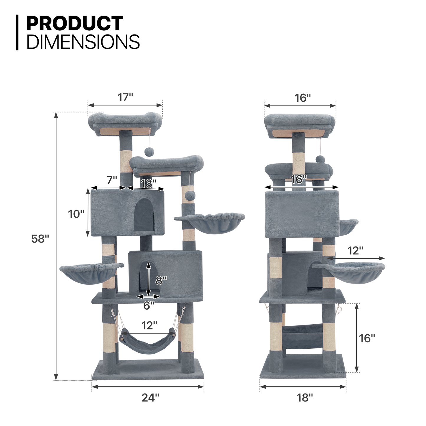 Cat Tree - 57.5'' Height - w/Hammock, Basket Lounge