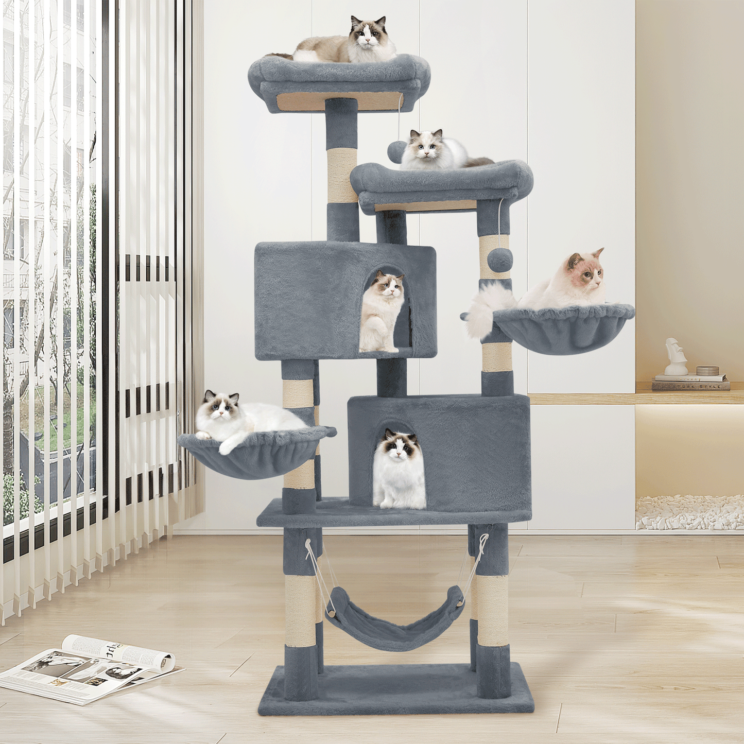 Cat Tree - 57.5'' Height - w/Hammock, Basket Lounge