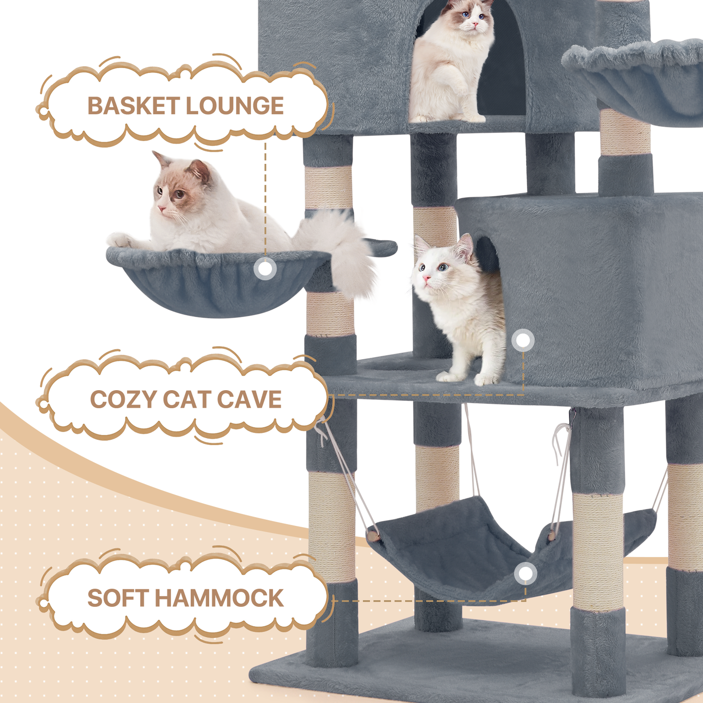 Cat Tree - 57.5'' Height - w/Hammock, Basket Lounge