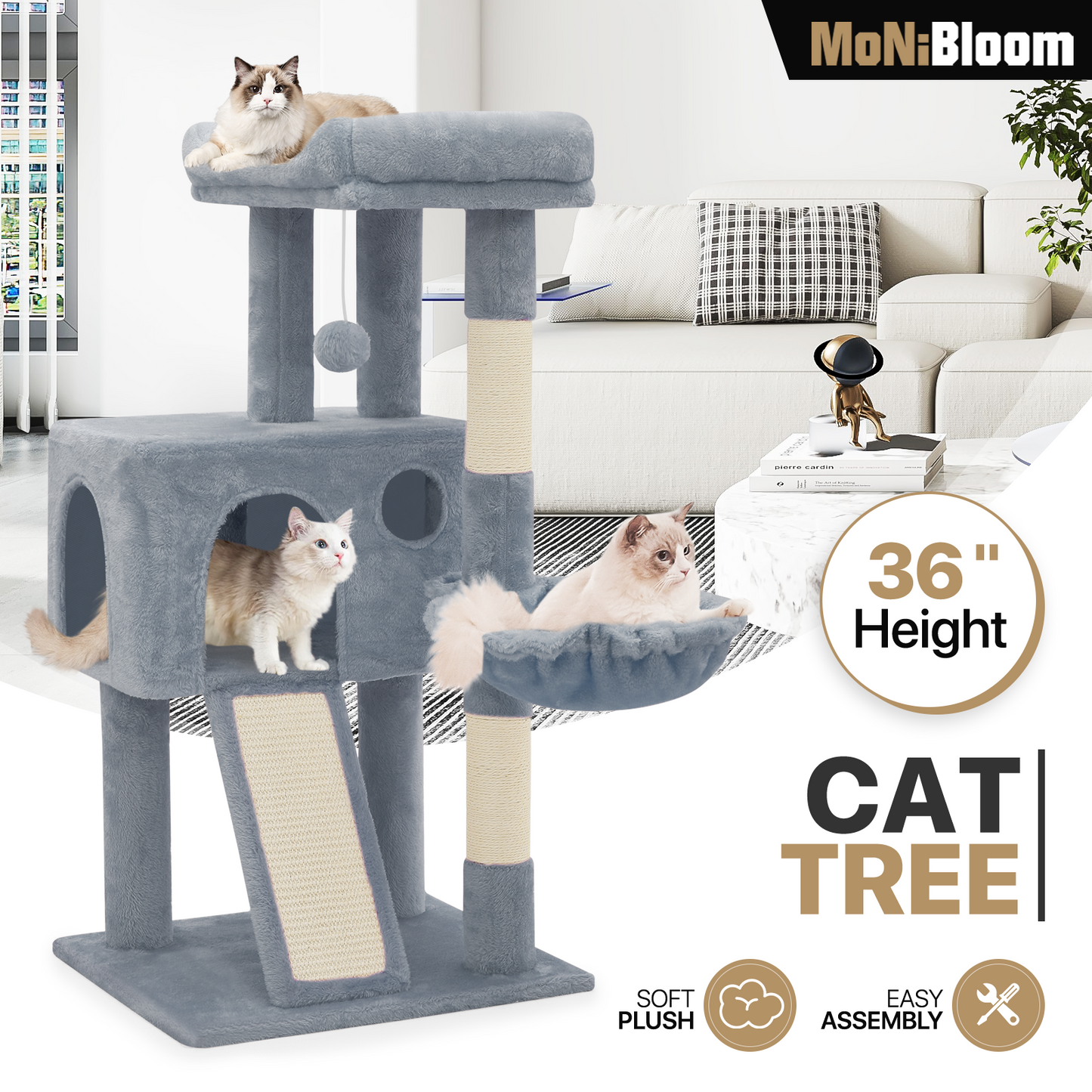 Cat Tree - 35.5'' Height - w/Ladder, Fabric Scratching Post, Basket Lounge