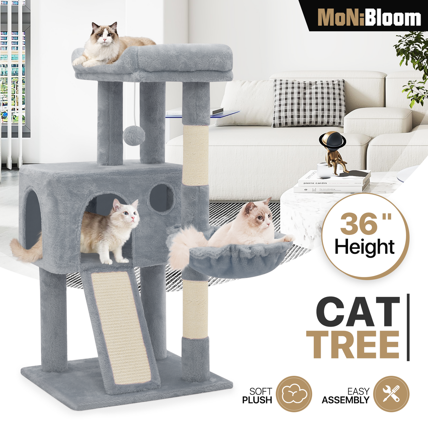 Cat Tree - 35.5'' Height - w/Ladder, Fabric Scratching Post, Basket Lounge