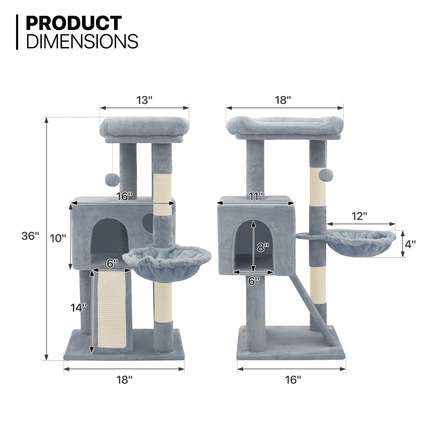 Cat Tree - 35.5'' Height - w/Ladder, Fabric Scratching Post, Basket Lounge