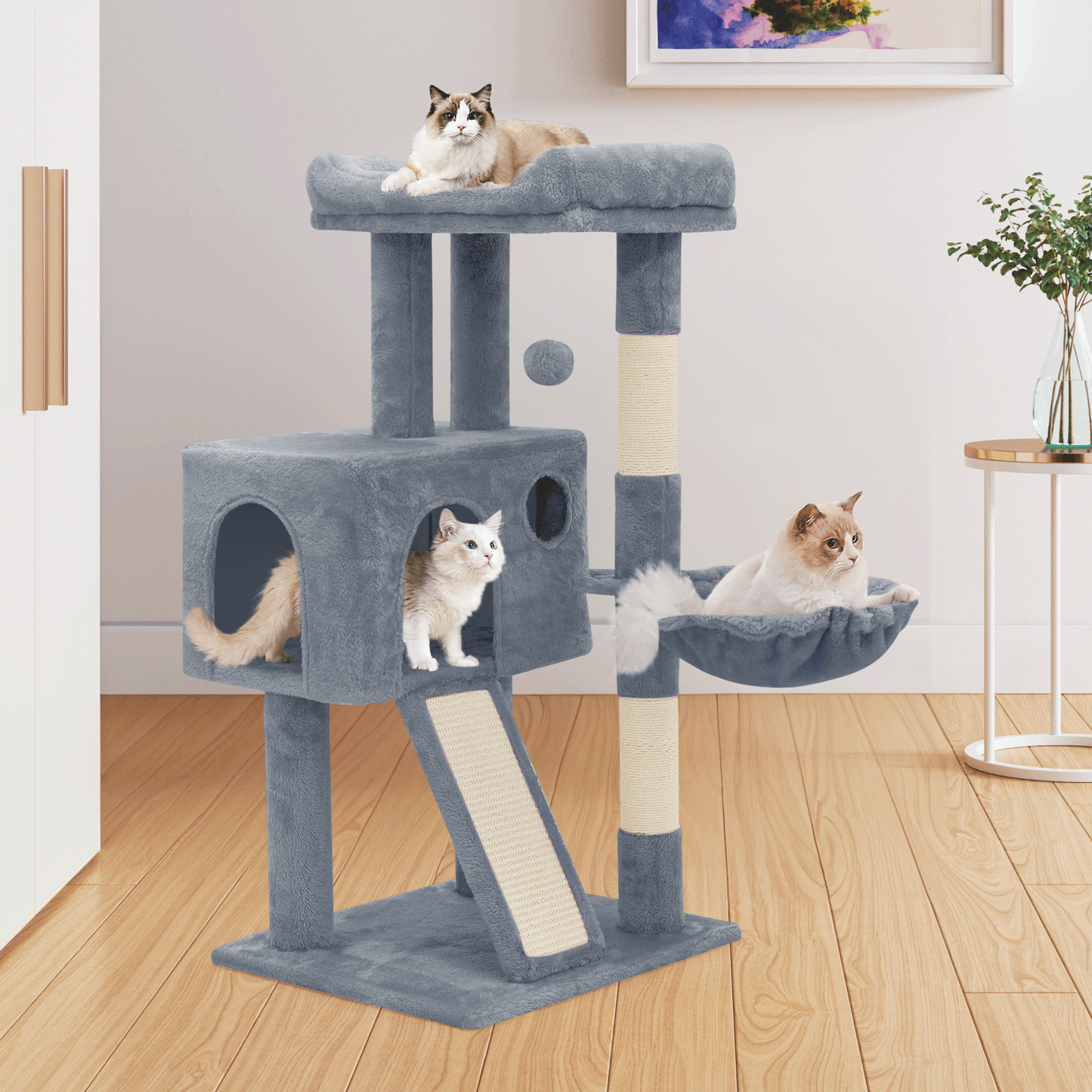 Cat Tree - 35.5'' Height - w/Ladder, Fabric Scratching Post, Basket Lounge