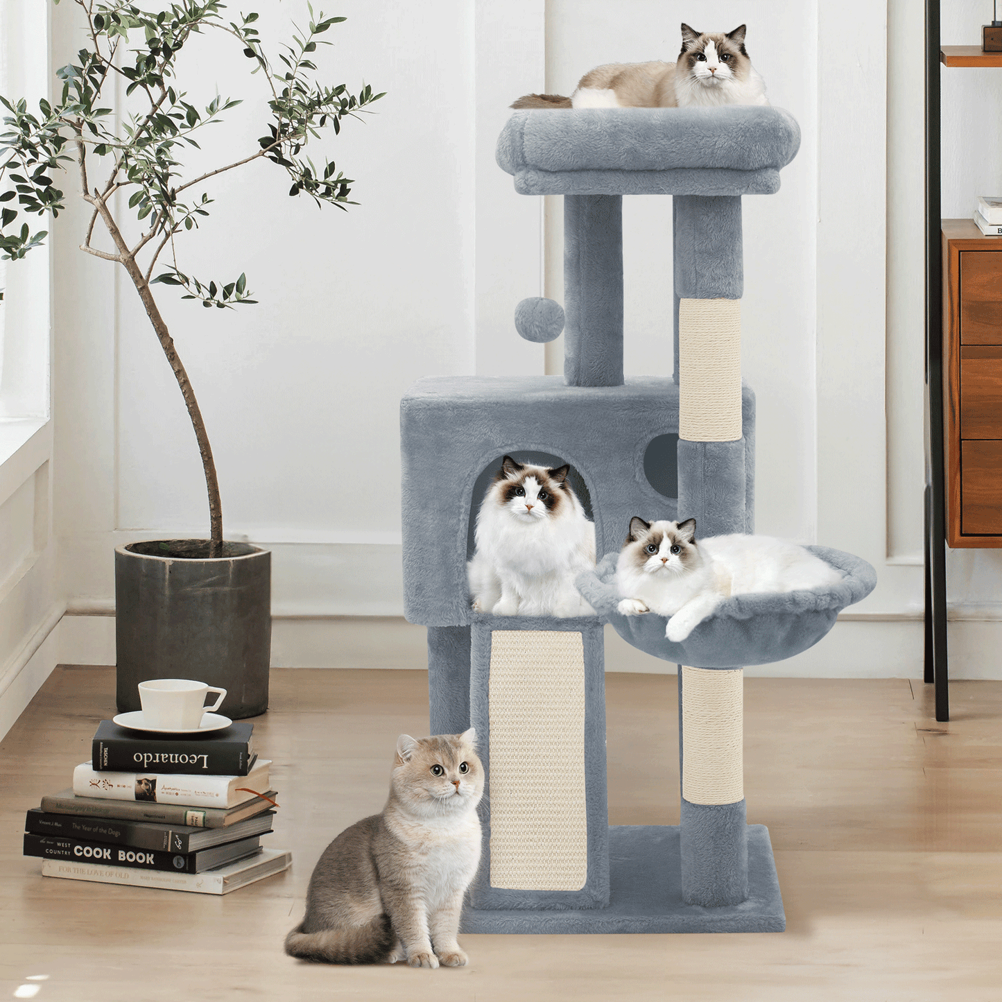 Cat Tree - 35.5'' Height - w/Ladder, Fabric Scratching Post, Basket Lounge