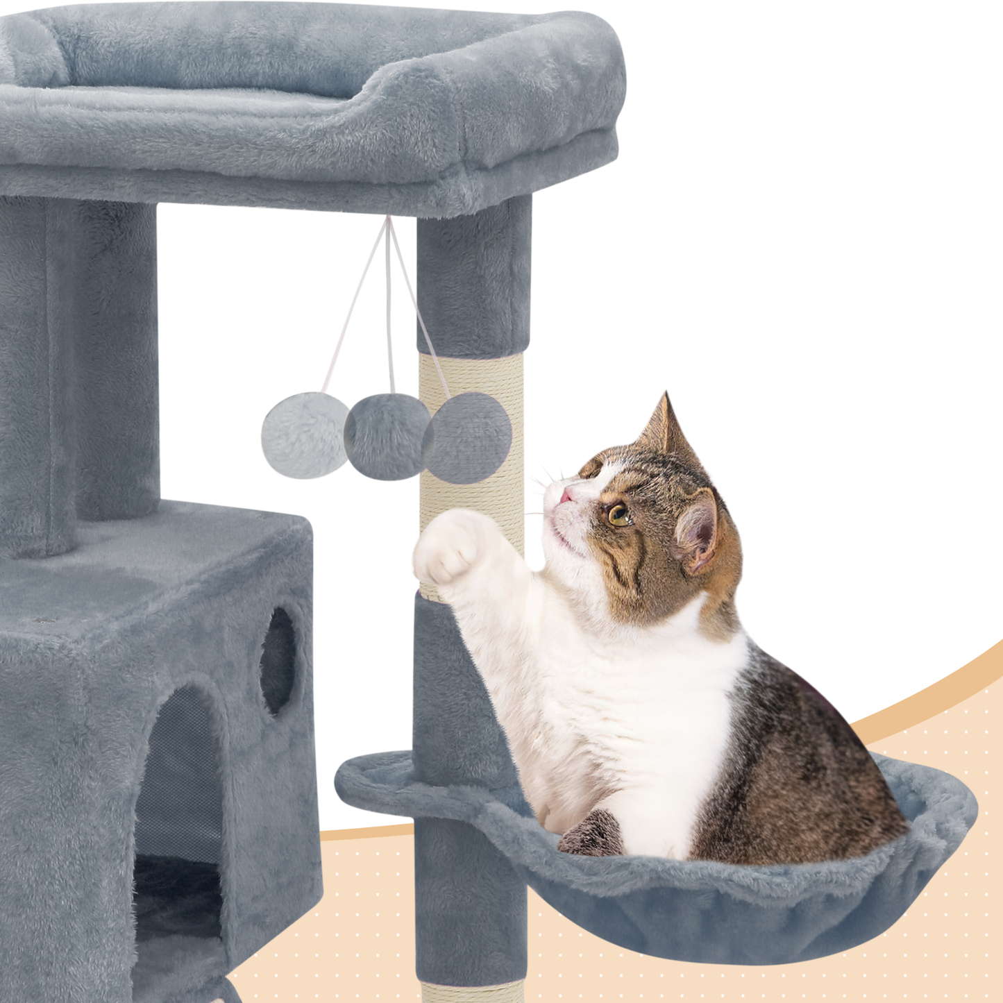 Cat Tree - 35.5'' Height - w/Ladder, Fabric Scratching Post, Basket Lounge