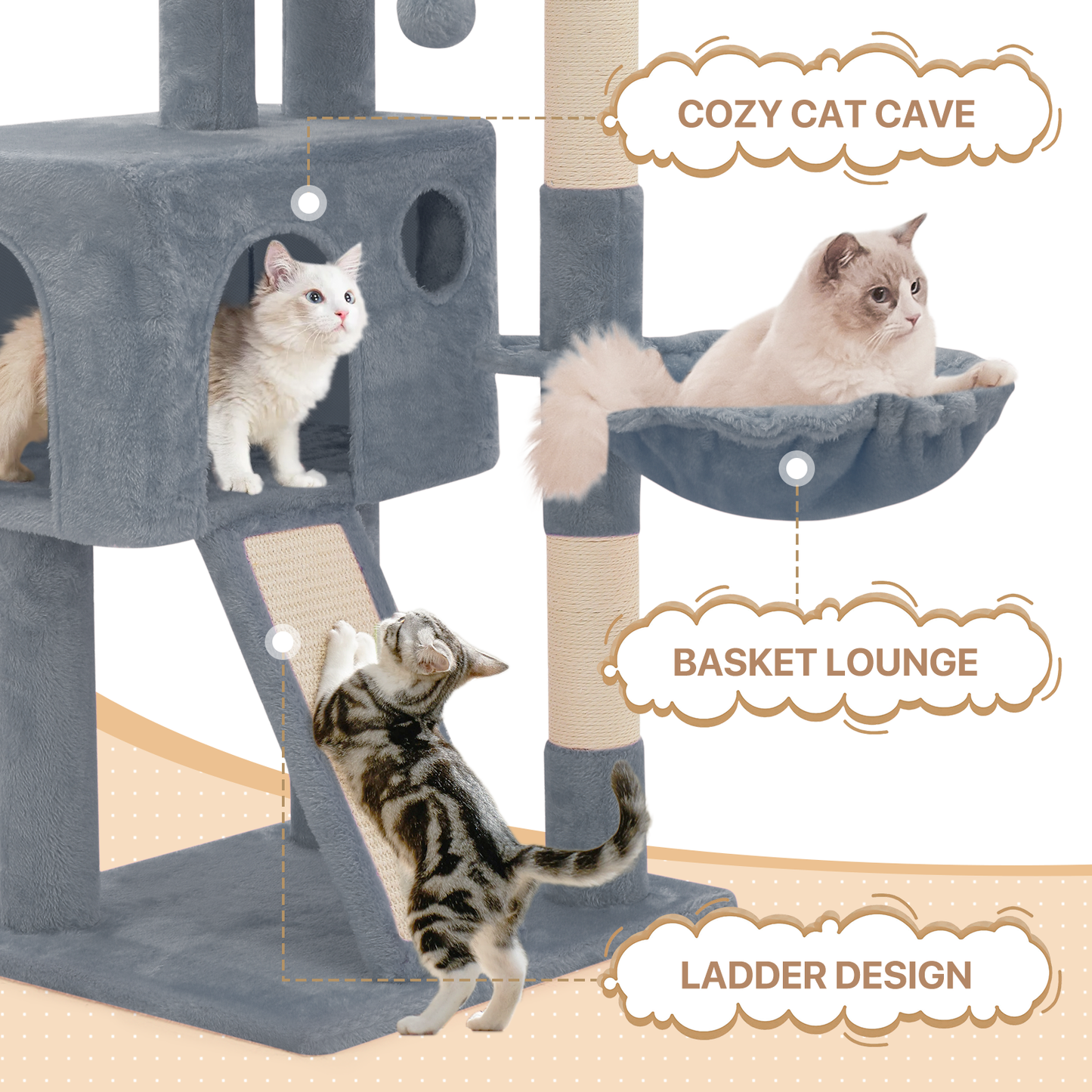 Cat Tree - 35.5'' Height - w/Ladder, Fabric Scratching Post, Basket Lounge