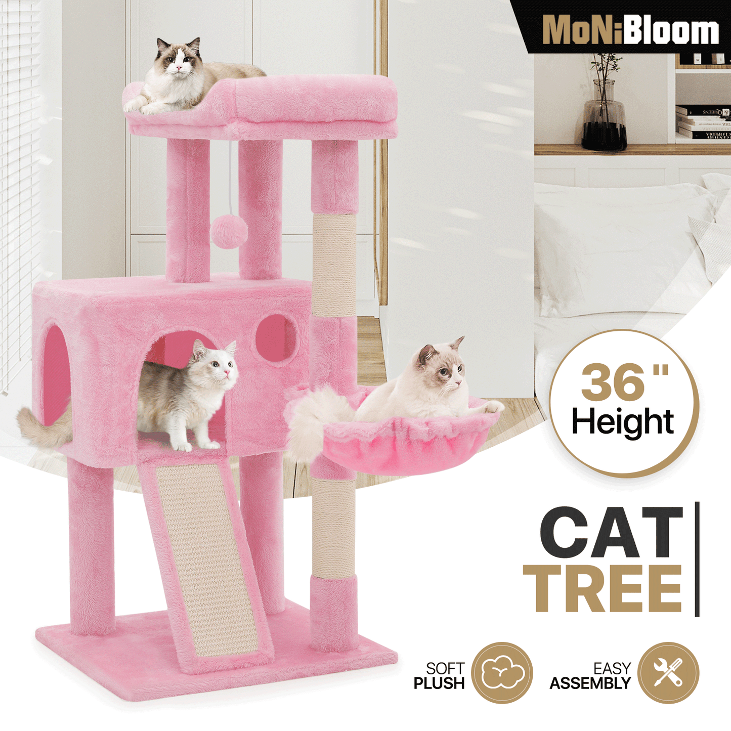 Cat Tree - 35.5'' Height - w/Ladder, Fabric Scratching Post, Basket Lounge