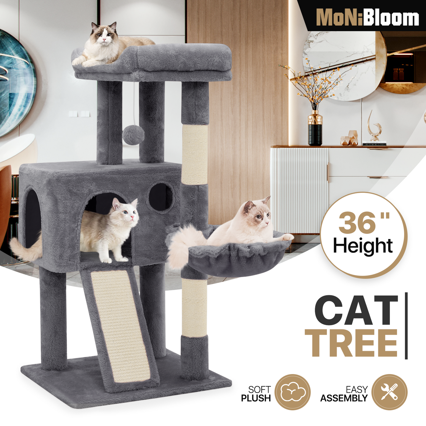 Cat Tree - 35.5'' Height - w/Ladder, Fabric Scratching Post, Basket Lounge