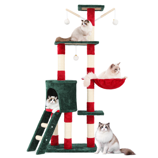 Christmas Design Cat Tree - 55in. Height - w/Condos, Fabric Scratching Post