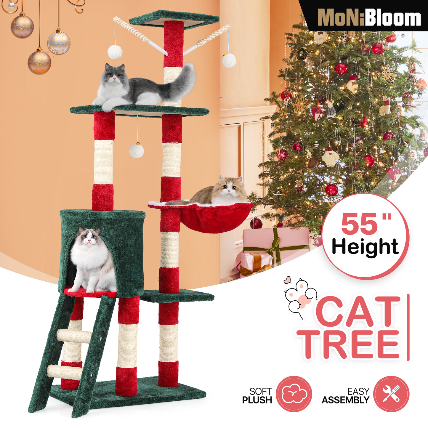 Christmas Design Cat Tree - 55in. Height - w/Condos, Fabric Scratching Post