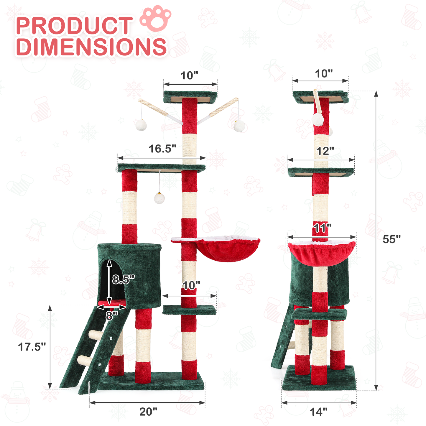Christmas Design Cat Tree - 55in. Height - w/Condos, Fabric Scratching Post