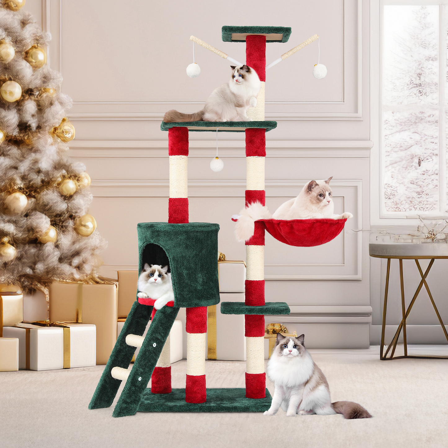 Christmas Design Cat Tree - 55in. Height - w/Condos, Fabric Scratching Post
