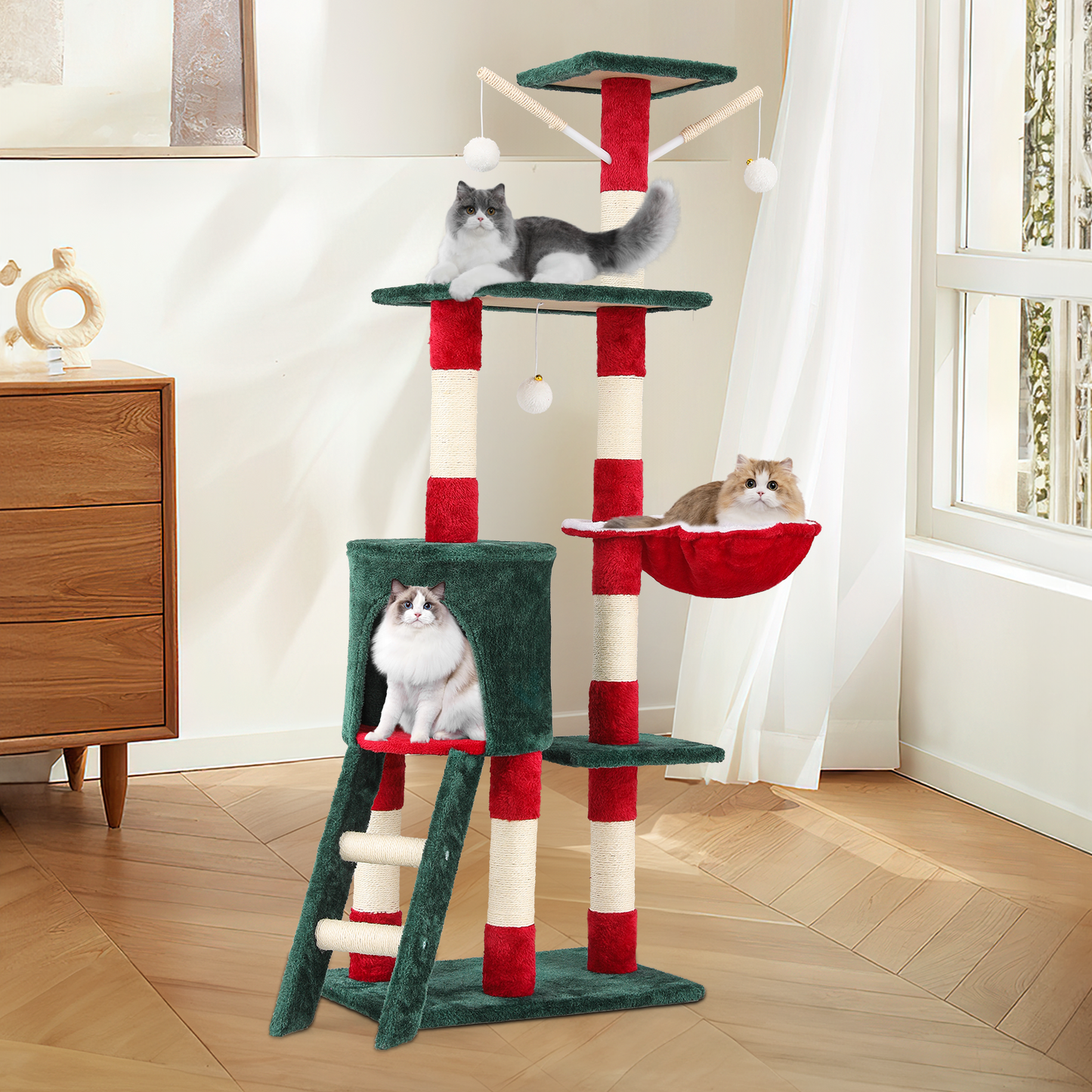 Christmas Design Cat Tree - 55in. Height - w/Condos, Fabric Scratching Post