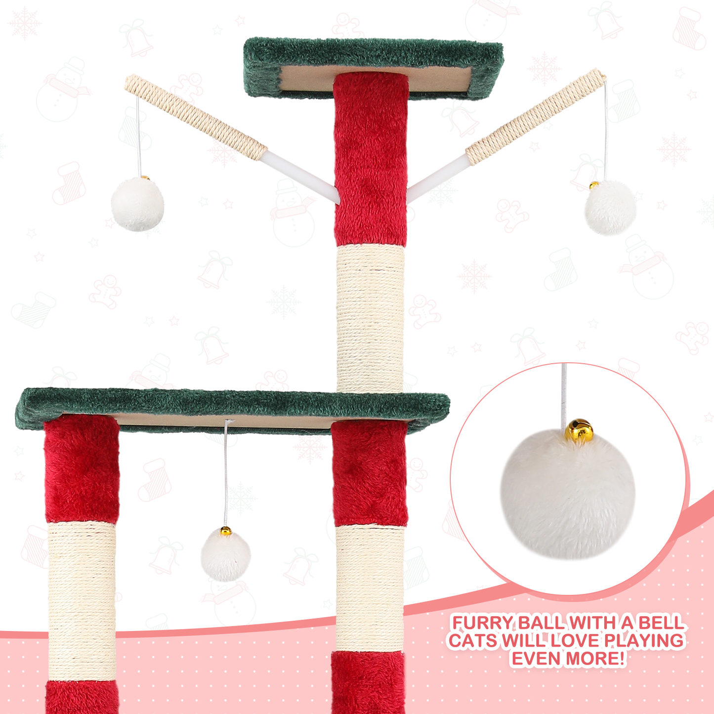 Christmas Design Cat Tree - 55in. Height - w/Condos, Fabric Scratching Post