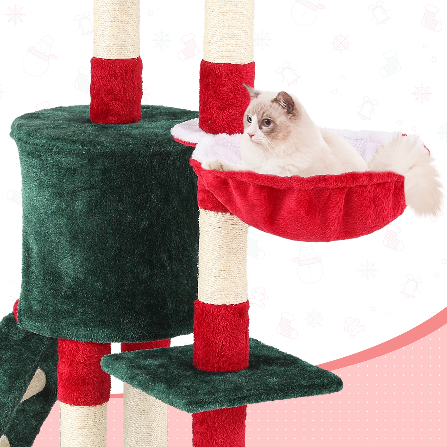 Christmas Design Cat Tree - 55in. Height - w/Condos, Fabric Scratching Post