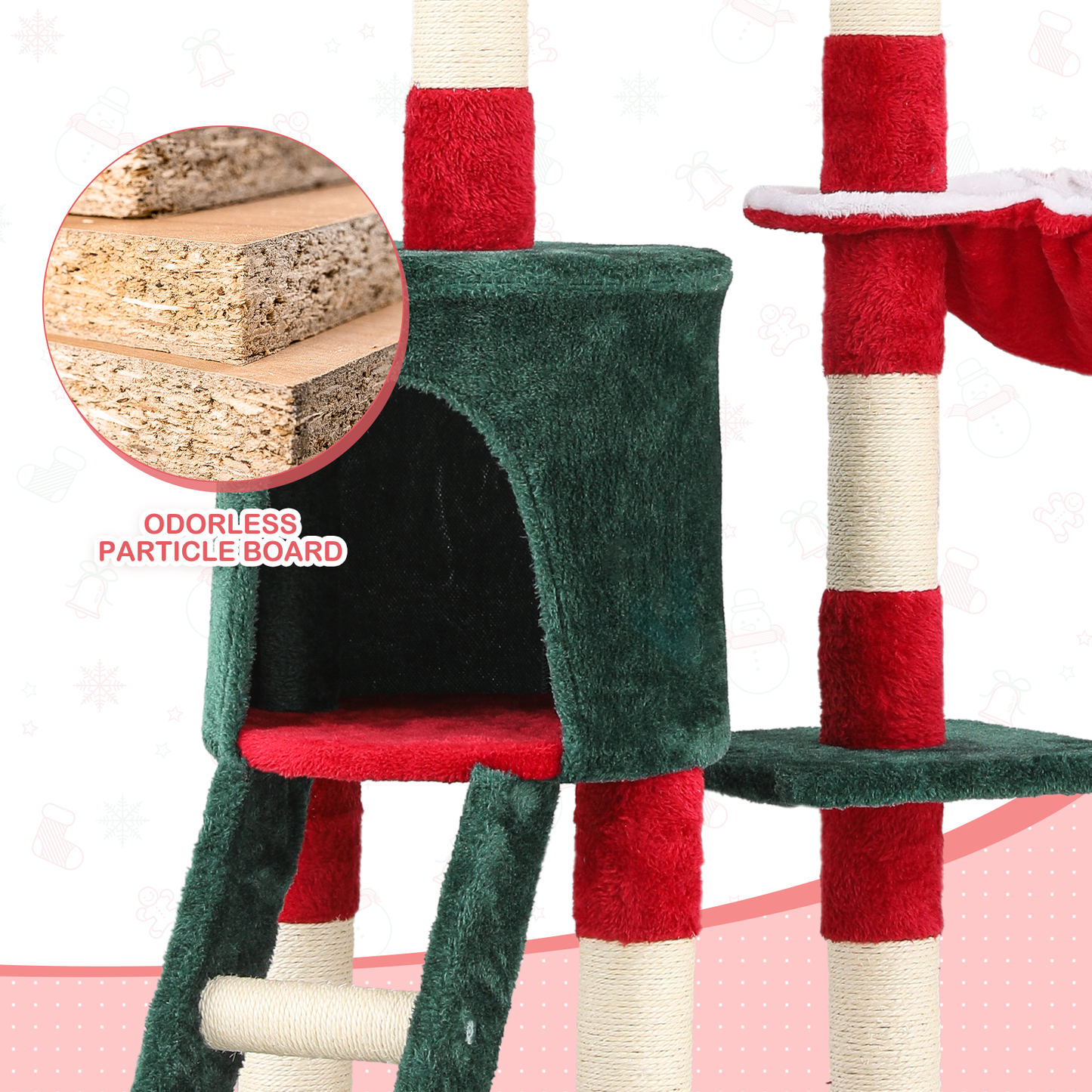 Christmas Design Cat Tree - 55in. Height - w/Condos, Fabric Scratching Post