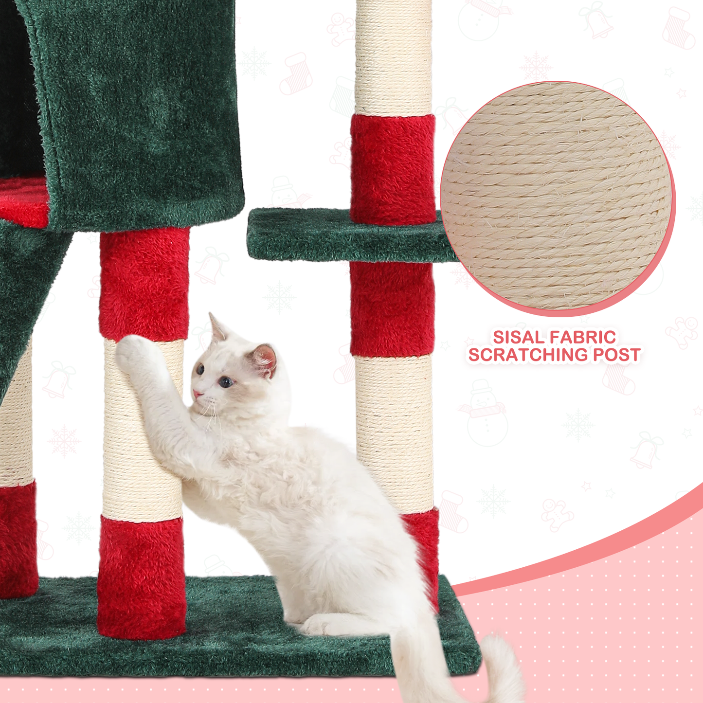 Christmas Design Cat Tree - 55in. Height - w/Condos, Fabric Scratching Post