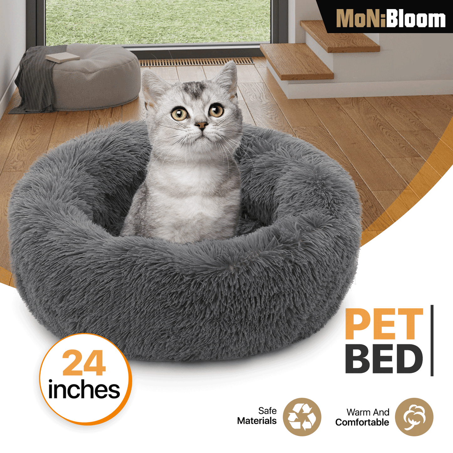 Pet Bed - Round - 24'' Diameter - Long Plush - Machine Washable