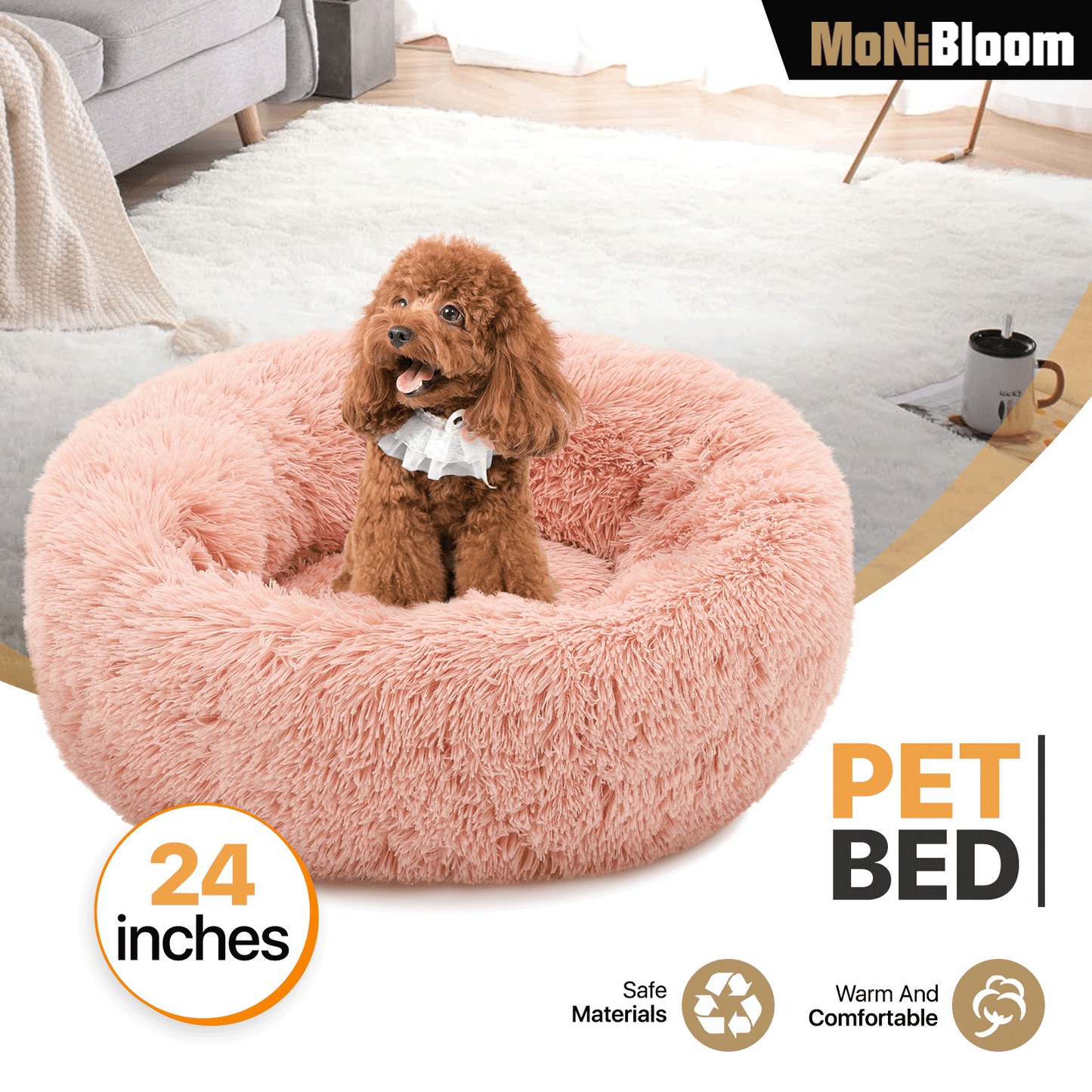 Pet Bed - Round - 24'' Diameter - Long Plush - Machine Washable