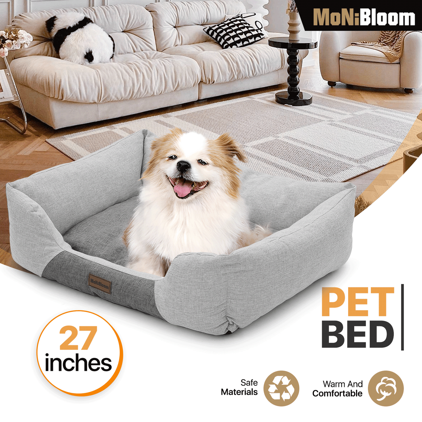 Pet Bed - Rectangle - 27'' Length - Linen-like - Machine Washable