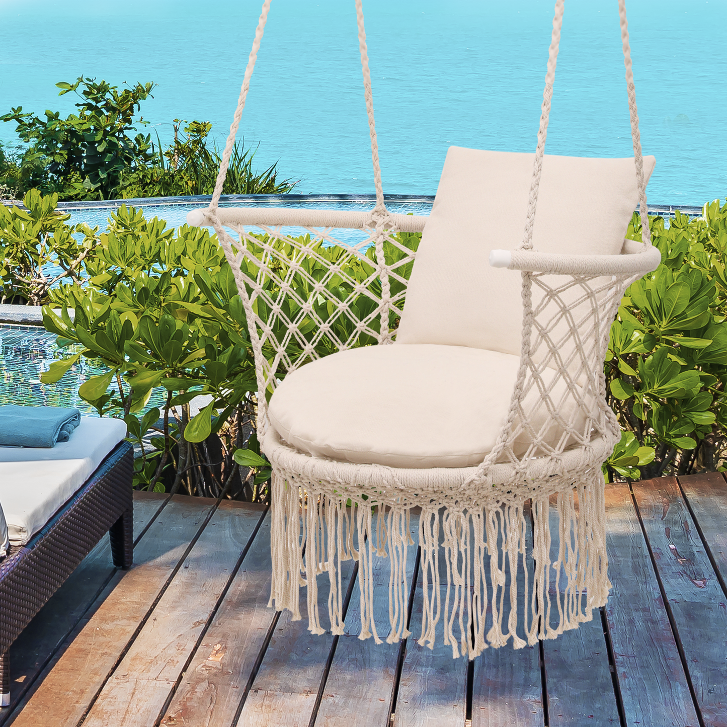 Round Macrame Hammock Hanging Chair - Cotton Cushion Seat