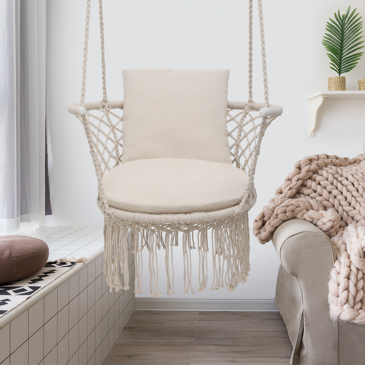 Round Macrame Hammock Hanging Chair - Cotton Cushion Seat