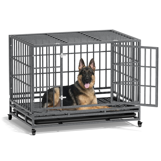 Dog Crate - Alloy Steel Frame - w/Slide-out Tray, 4 Casters - Dark Silver