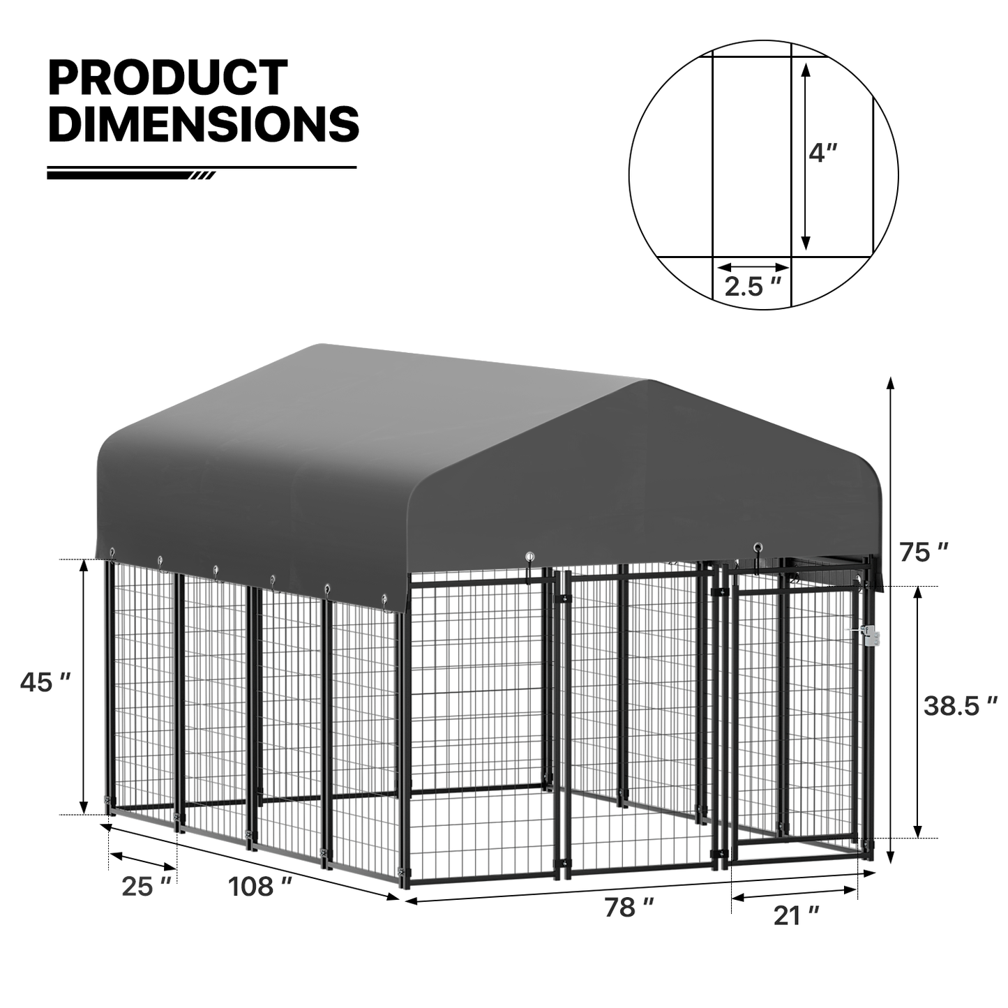 Yard Kennel - 108''Length w/ Roof Cover - Black