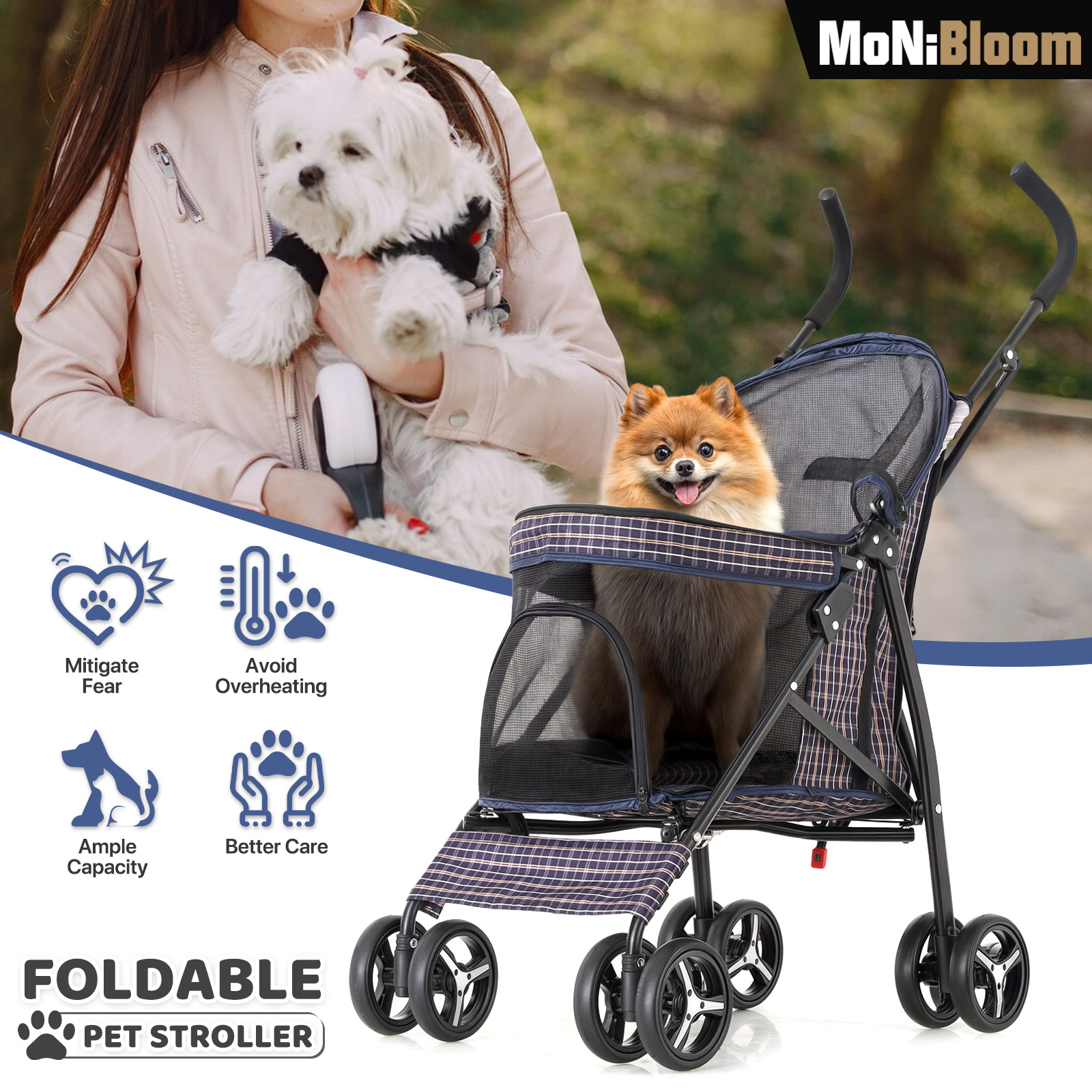 MoNiBloom 4-Wheel Pet Stroller For Small Dogs - Foldable, With Sun Cover, Storage Bag, Holds Up To 22 Lbs