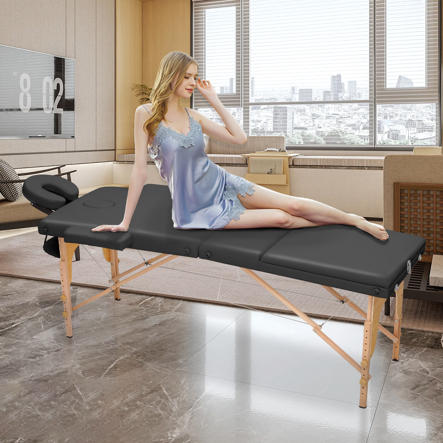 Portable Massage Table - Adjustable Height 24.5" to 33.5" - Tilt Back - Wooden Frame