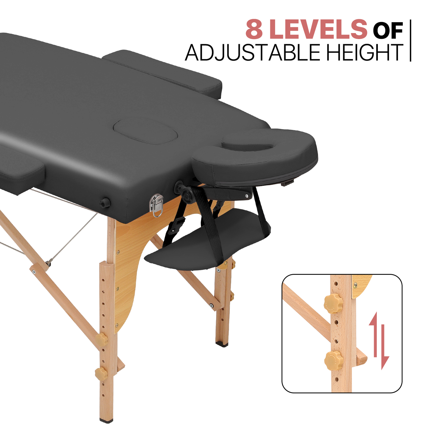 Portable Massage Table - Adjustable Height 24.5" to 33.5" - Tilt Back - Wooden Frame